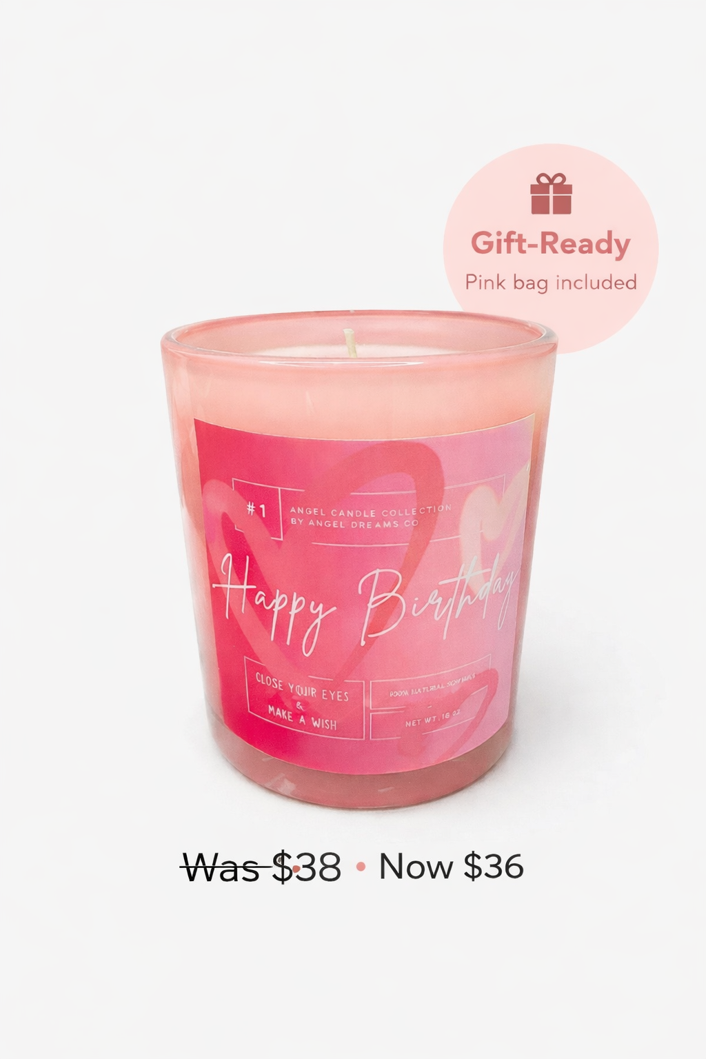 Pink candle with 'Happy Birthday' text on a white background, gift-ready with pink bag included.