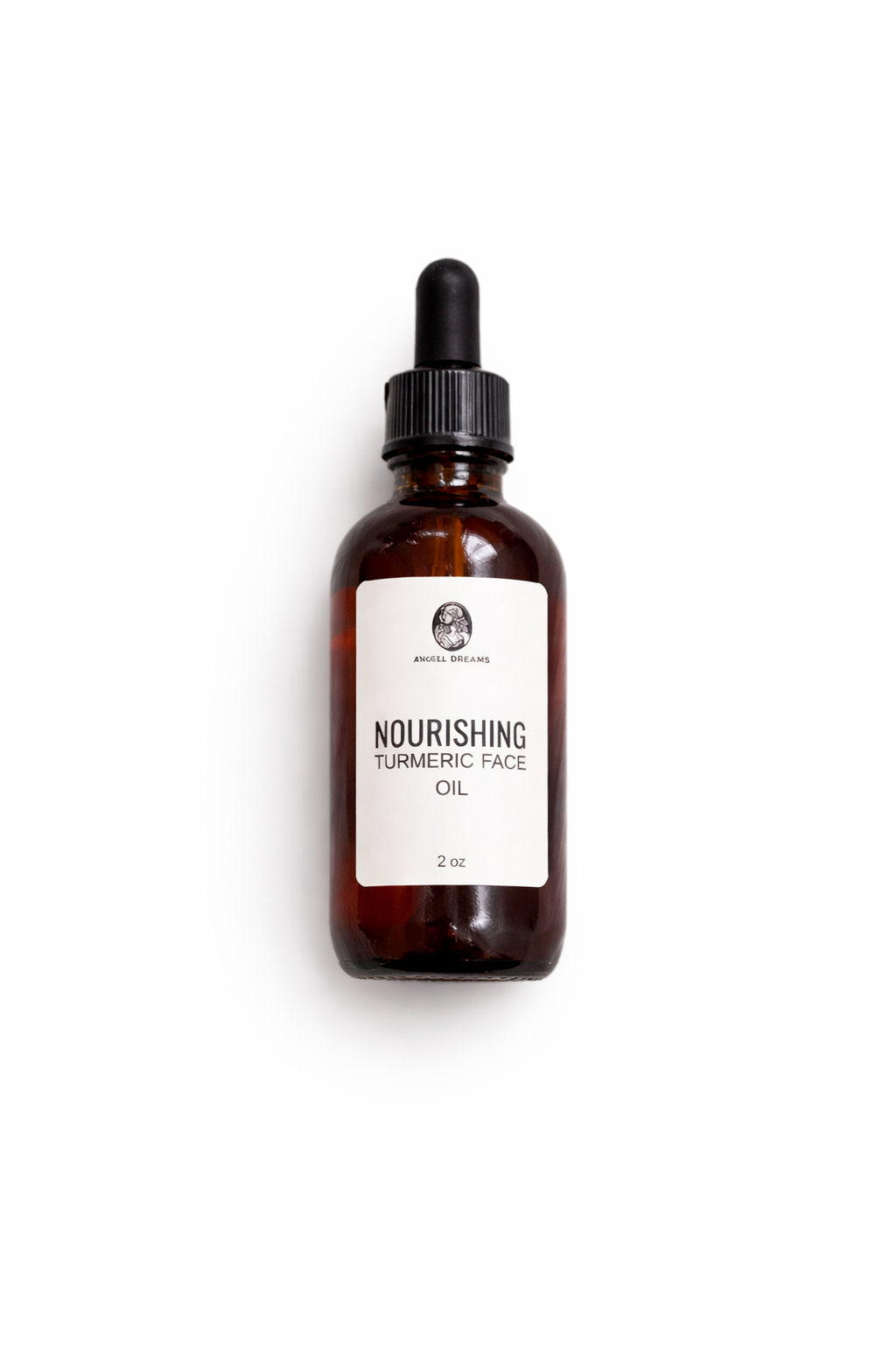 Brown glass bottle with dropper labeled 'Nourishing Turmeric Face Oil' on a white background